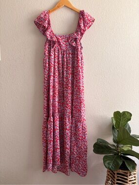 ZARA boho Red Blue Floral Ditsy Ruffle Frill Sleeve Summer Dress Size XS